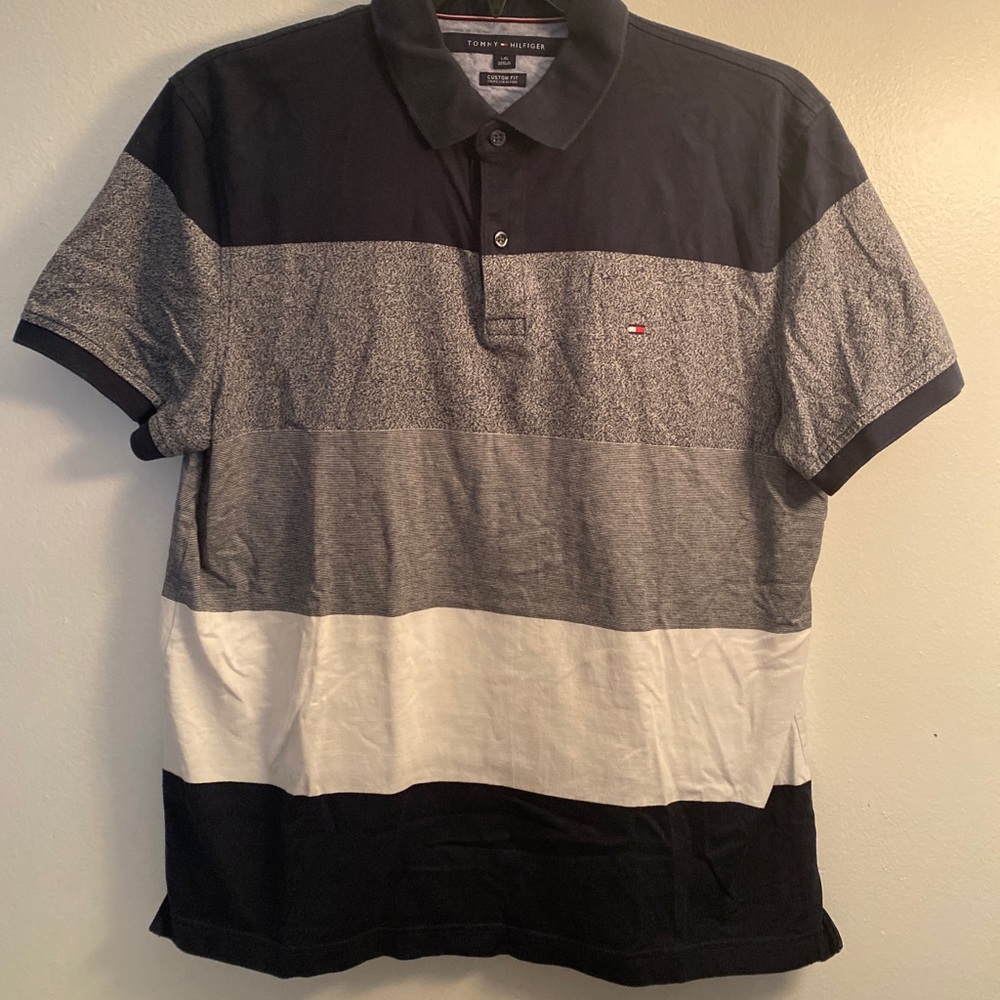 Tommy Hilfiger  Custom fit Men Polo Shirt  Blue & Gray Size Large  100% Cotton